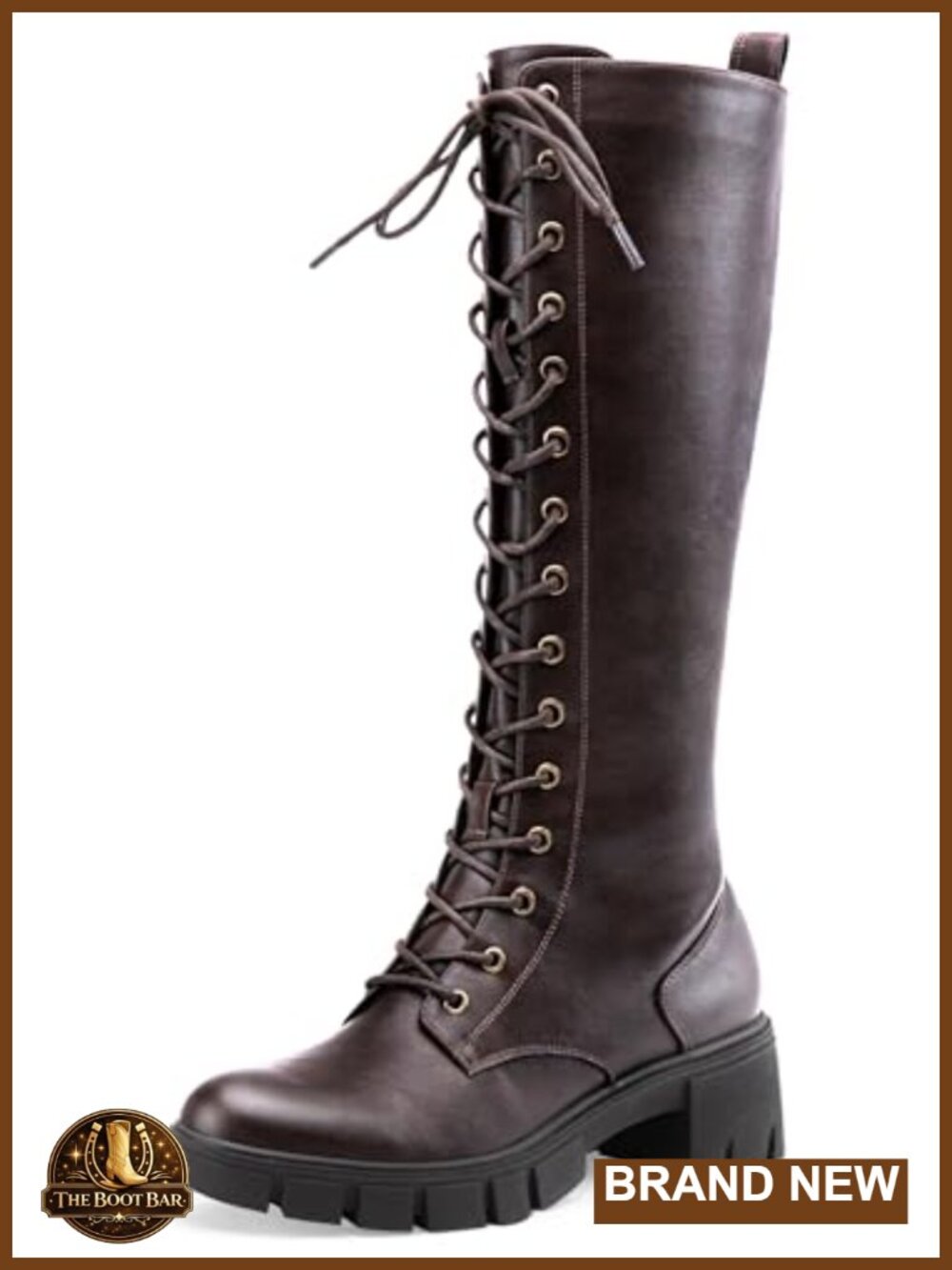 Faux Leather Knee High Lace Up Platform Combat Boots Chunky Heel